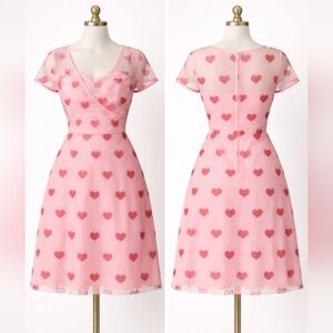 Unique Vintage Pink Heart Tea Dress with Sheer Overlay